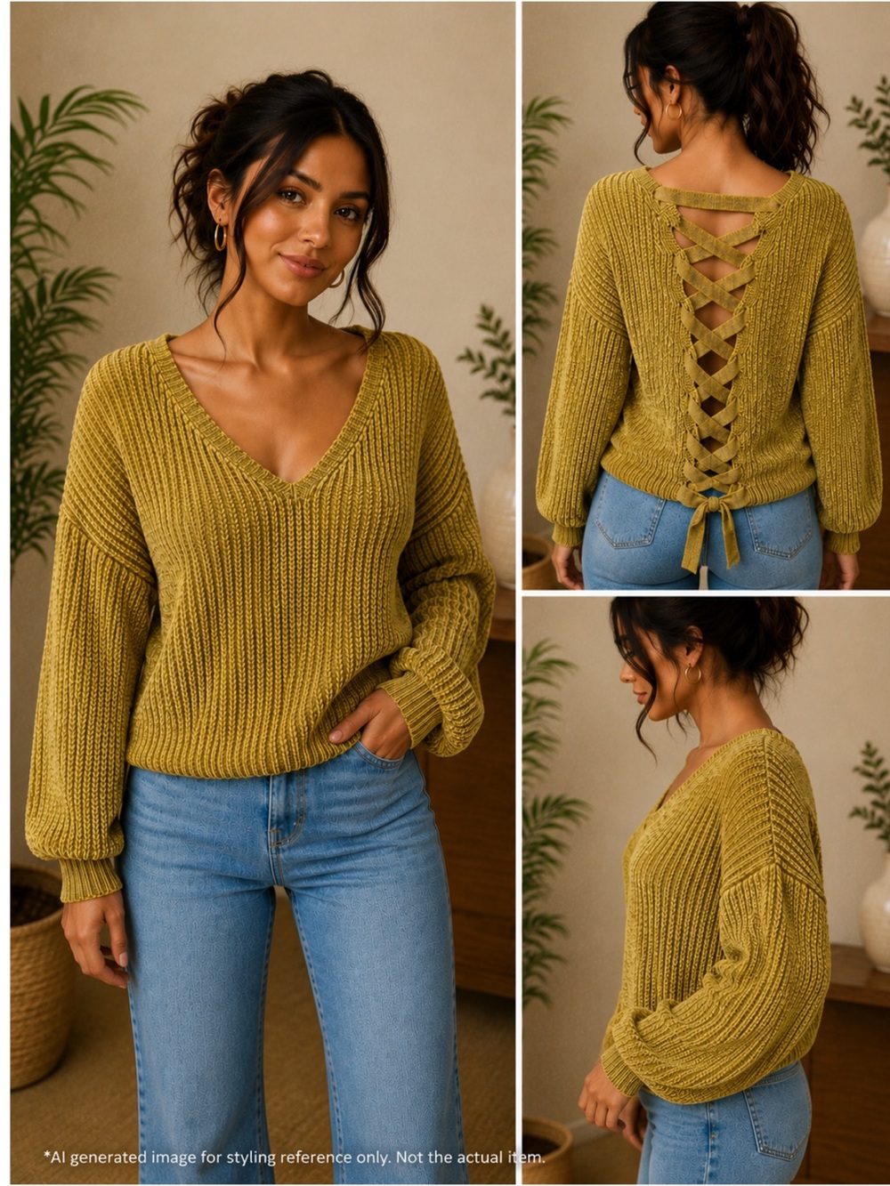 Willow & Clay Mustard Lace Up Back Chenille Sweater Balloon Sleeve Medium